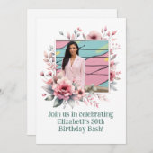 30歳の誕生日パーティーカスタムフォトフローラフレーム 招待状 (正面/裏面)