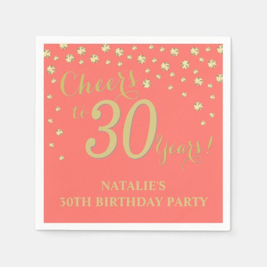 30歳の誕生日パーティーサンゴと金ゴールドダイヤモンド スタンダードカクテルナプキン (正面)