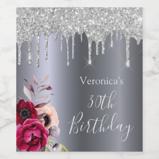 30歳の誕生日パーティーシルバーグリッターは花を乾燥 ワインラベル (シングルラベル)