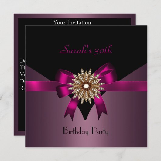 30歳の誕生日パーティージュエルボウ黒パープルピンク 招待状 (正面/裏面)