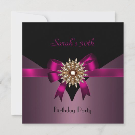 30歳の誕生日パーティージュエルボウ黒パープルピンク 招待状 (正面)