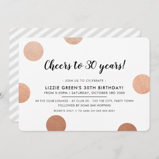30歳の誕生日パーティースタイリッシュバラ金ゴールド水玉模様 招待状 (正面/裏面)