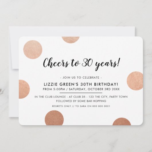 30歳の誕生日パーティースタイリッシュバラ金ゴールド水玉模様 招待状 (正面)