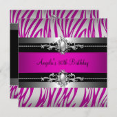 30歳の誕生日パーティーゼブラホットピンクシルバーブラック 招待状 (正面/裏面)