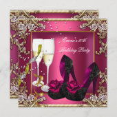 30歳の誕生日パーティーダークピンク金ゴールドブラックフローラ 招待状 (正面/裏面)