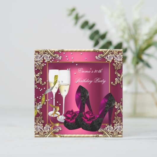 30歳の誕生日パーティーダークピンク金ゴールドブラックフローラ 招待状 (スタンド正面)