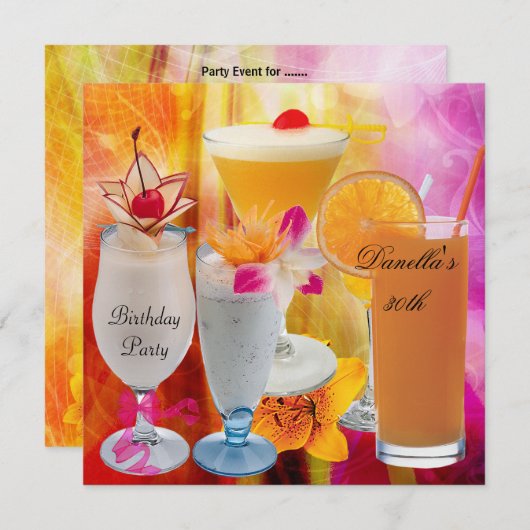 30歳の誕生日パーティートロピカルドリンクカクテル2 招待状 (正面/裏面)