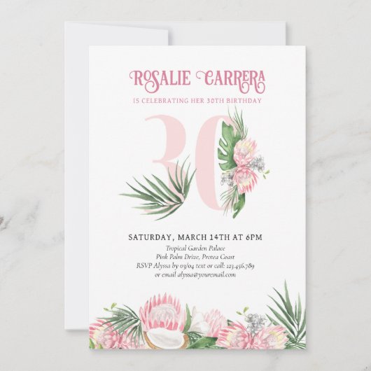 30歳の誕生日パーティートロピカルピンクプロテアNumber 30 招待状 (正面)