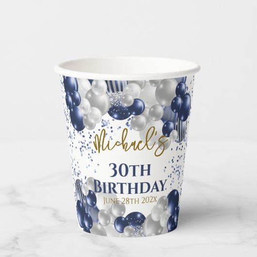 30歳の誕生日パーティーネイビーバルーン 紙コップ (正面)