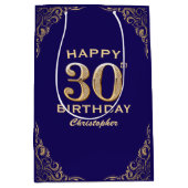 30歳の誕生日パーティーネイビーブルーと金ゴールドグリッター ミディアムペーパーバッグ (正面)