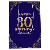 30歳の誕生日パーティーネイビーブルーと金ゴールドグリッター ミディアムペーパーバッグ (裏面)