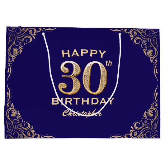 30歳の誕生日パーティーネイビーブルーと金ゴールドグリッター ラージペーパーバッグ (裏面)