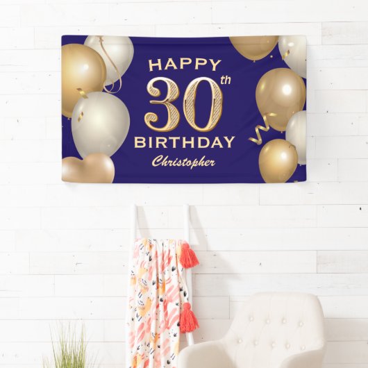 30歳の誕生日パーティーネイビーブルーと金ゴールドバルーン 横断幕 (インサイチュ)