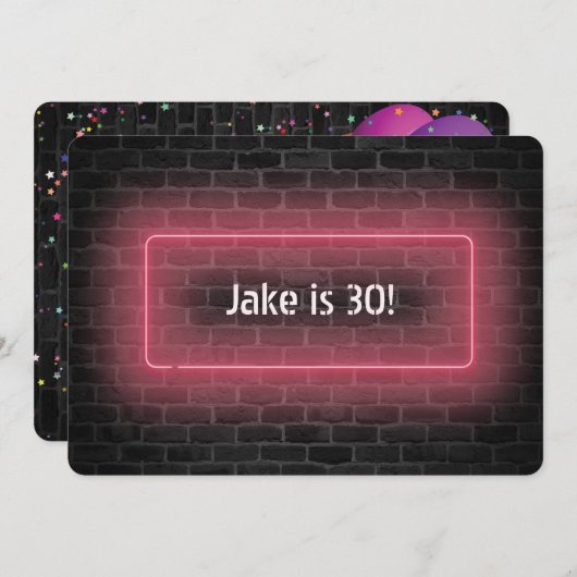 30歳の誕生日パーティーネオンの看板を壁に 招待状 (正面/裏面)
