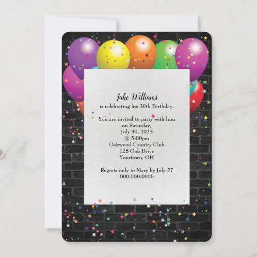 30歳の誕生日パーティーネオンの看板を壁に 招待状 (裏面)