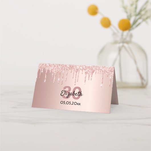 30歳の誕生日パーティーバラ金ゴールドグリッターピンクのスパークル プレイスカード (正面)