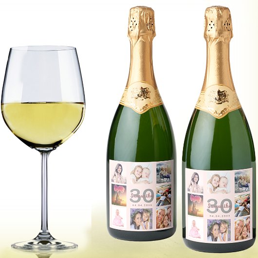 30歳の誕生日パーティーバラ金ゴールドピンク写真コラージュ スパークリングワインラベル