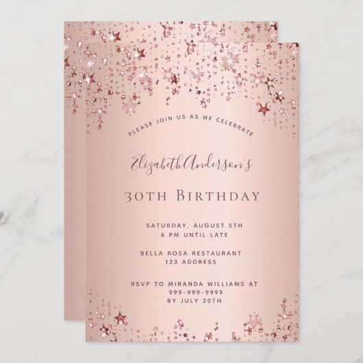 30歳の誕生日パーティーバラ金ゴールド星散布 招待状 (正面/裏面)