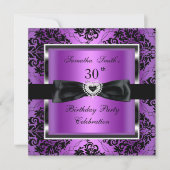 30歳の誕生日パーティーパープルダマスクシルバーブラック 招待状 (正面)