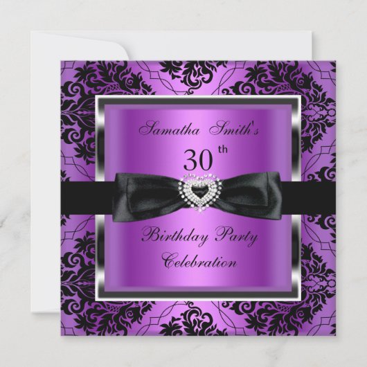 30歳の誕生日パーティーパープルダマスクシルバーブラック 招待状 (正面)