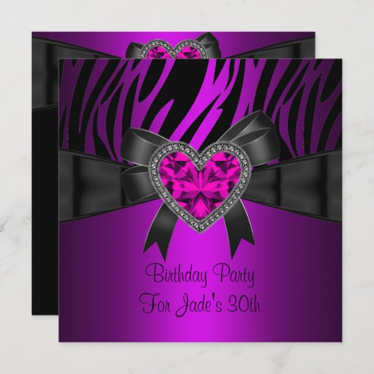 30歳の誕生日パーティーパープルピンクハートジュエリーゼブラ 招待状 (正面/裏面)