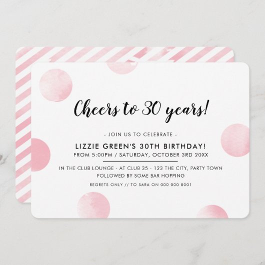 30歳の誕生日パーティーピンクの水彩水玉模様 招待状 (正面/裏面)