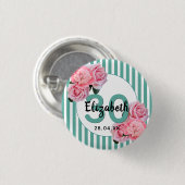 30歳の誕生日パーティーピンクの花ティール（緑がかった色）ストライプ 缶バッジ (正面&裏面)