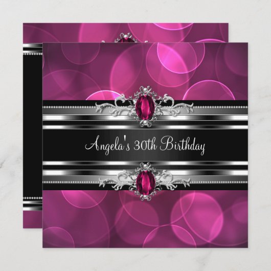 30歳の誕生日パーティーピンクジェムバブルシルバーブラック 招待状 (正面/裏面)