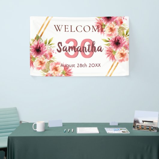 30歳の誕生日パーティーピンク金ゴールドフローラ白 横断幕 (トレードショー)