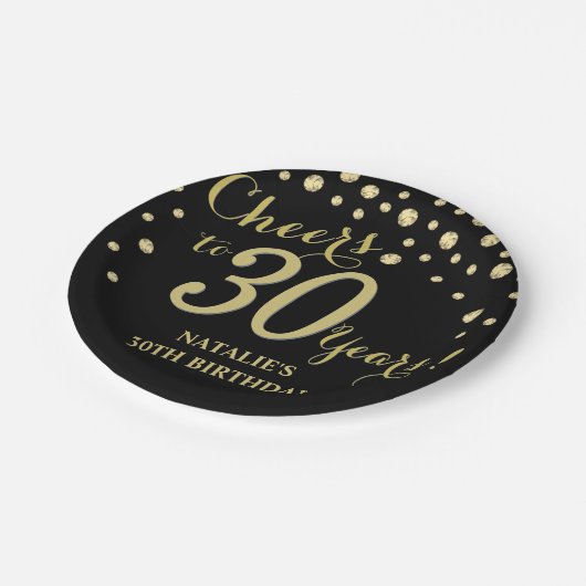 30歳の誕生日パーティーブラックと金ゴールドダイヤ ペーパープレート (アングル)