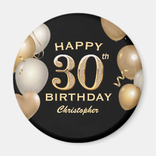 30歳の誕生日パーティーブラックと金ゴールドバルーン マグネット