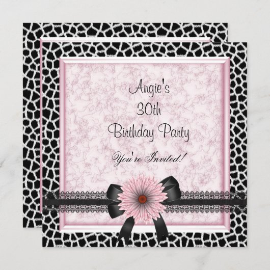 30歳の誕生日パーティーブラックギラフェピンクフローラボウ 招待状 (正面/裏面)