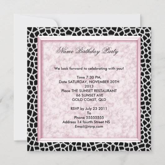 30歳の誕生日パーティーブラックギラフェピンクフローラボウ 招待状 (裏面)