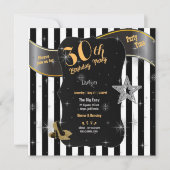 30歳の誕生日パーティーブラックストライプ金ゴールドスティレット 招待状 (正面)