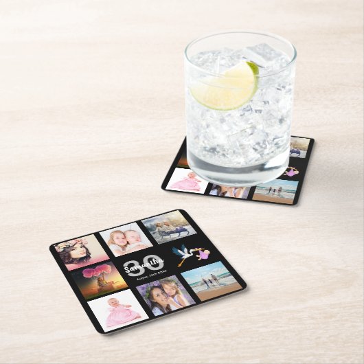 30歳の誕生日パーティーブラックフォトコラージュ名 スクエアペーパーコースター (インサイチュ)