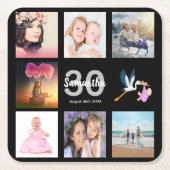 30歳の誕生日パーティーブラックフォトコラージュ名 スクエアペーパーコースター (正面)
