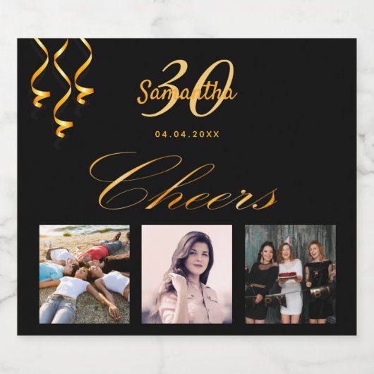 30歳の誕生日パーティーブラック金ゴールド応援写真 スパークリングワインラベル (シングルラベル)