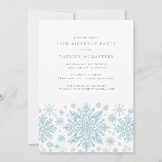 30歳の誕生日パーティーブルーホワイトスノーフレーク冬 招待状 (正面)