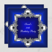 30歳の誕生日パーティーブルー王室のシルバークローム 招待状 (正面/裏面)