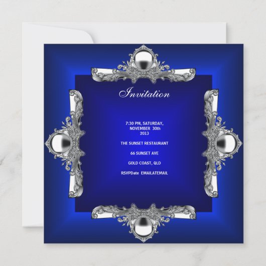 30歳の誕生日パーティーブルー王室のシルバークローム 招待状 (裏面)