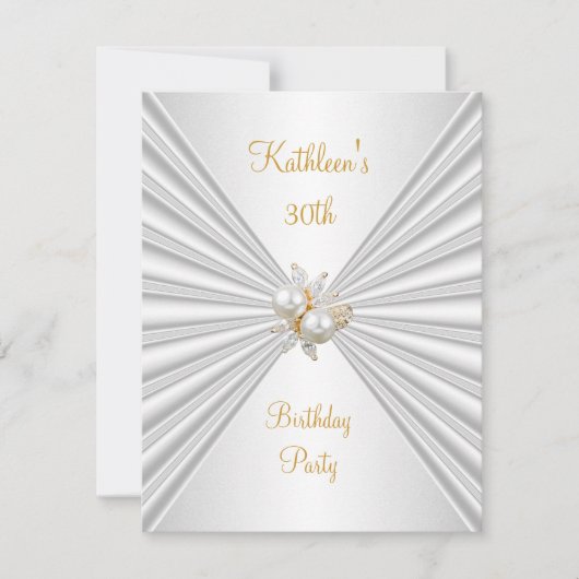 30歳の誕生日パーティーホワイトシルクパールジュエル 招待状 (正面)