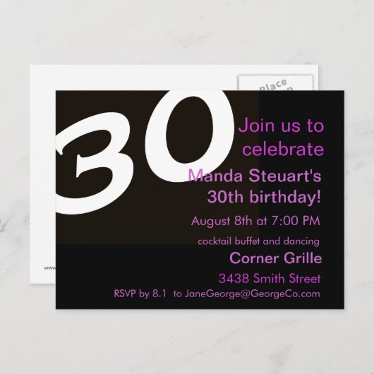 30歳の誕生日パーティーポストカード招待状 インビテーションポストカード (正面/裏面)