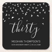 30歳の誕生日パーティーモダンブラックシルバー紙吹雪 スクエアペーパーコースター (正面)