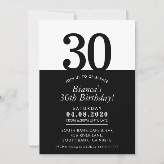 30歳の誕生日パーティーモダン招待状ミニマル黒 招待状 (正面)