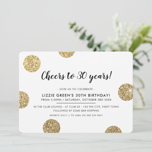 30歳の誕生日パーティーモダン金ゴールドグリッター水玉模様 招待状 (スタンド正面)