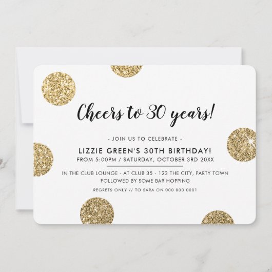 30歳の誕生日パーティーモダン金ゴールドグリッター水玉模様 招待状 (正面)