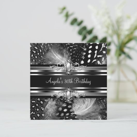 30歳の誕生日パーティーワイルドフェザーズシルバーブラック 招待状 (スタンド正面)
