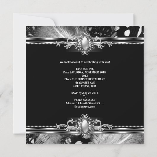 30歳の誕生日パーティーワイルドフェザーズシルバーブラック 招待状 (裏面)