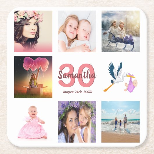 30歳の誕生日パーティー写真コラージュ名 スクエアペーパーコースター (正面)