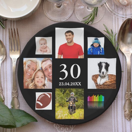 30歳の誕生日パーティー写真コラージュ男ブラック ペーパープレート